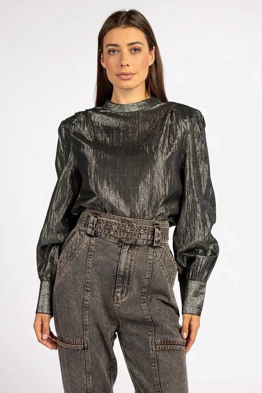 Bobbi - Long Sleeve Top - Dark Grey - 100% Katoen - Metallic Uistraling