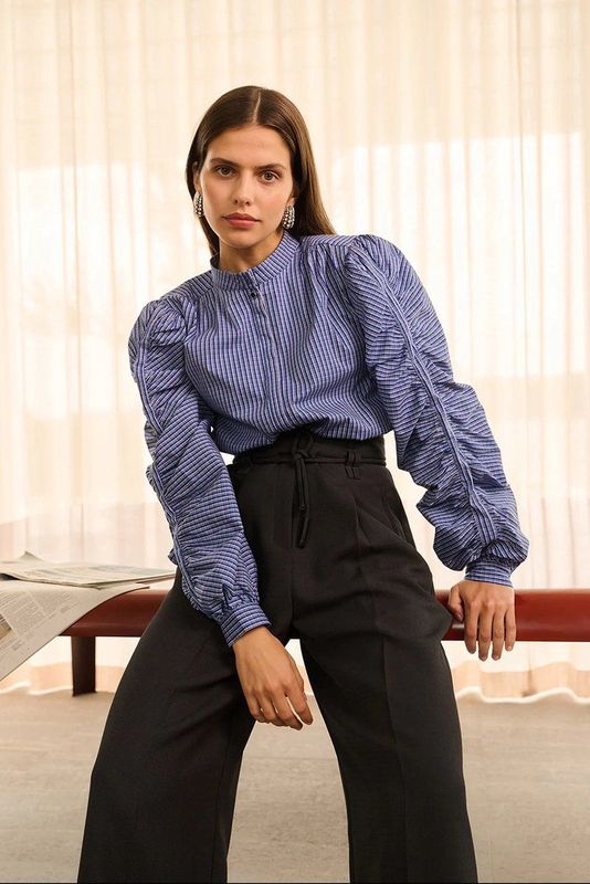 Aaiko - Beaudine - Blouse - Oceana - Geruite Print - Hoge Kraag - Pofmouwen