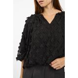 DELANY - FLOWER TOP - Zwart - Blousetop - Korte Pofmouwen - Knoopsluiting