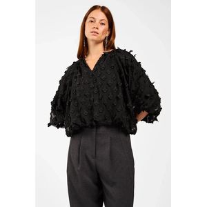 DELANY - FLOWER TOP - Zwart - Blousetop - Korte Pofmouwen - Knoopsluiting