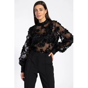 Lucia - Top - Zwart - Transparant Mesh met 3D-bloemen