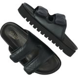 VIA VAI Rae Lidia Slippers - Zwart - Leer - Twee Banden met Klittenbandsluiting