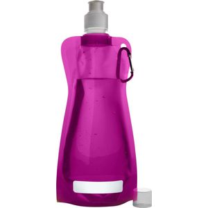 Waterfles/drinkfles/sportbidon opvouwbaar - fuchsia roze - kunststof - 420 ml - schroefdop - karabijnhaak