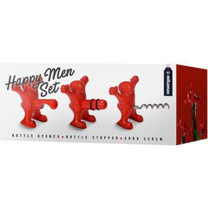 Happy Men Set – Wijn Accessoires - Flesopener - Kurkentrekker - Wijnstopper - 8 x 8,5 x 6 cm - Set van 3