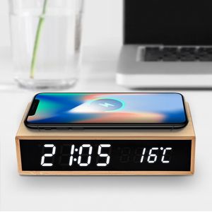 Mikamax Bamboo Wireless Charger Clock - Wekker - Bamboe - Draadloos Opladen - Ingebouwde Thermometer - Incl. USB-C Kabel