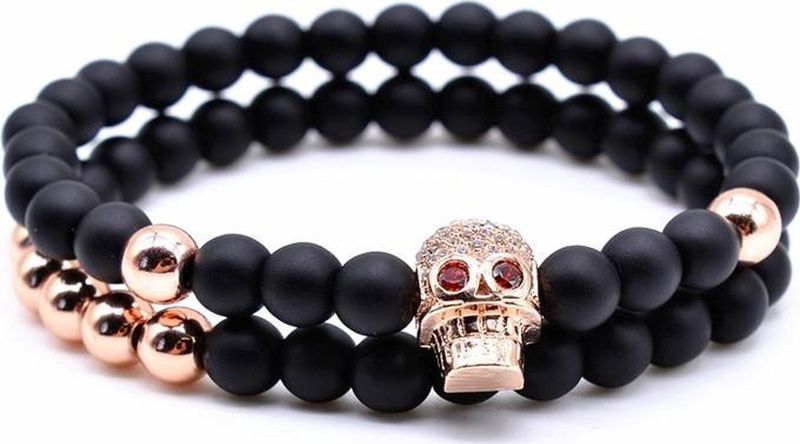 Memphis - Kralen Armband - Agaat Skull - Roze - Natuursteen en Metalen Kralen