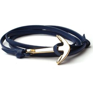Anker armband leren koord blauw met goudkleurig