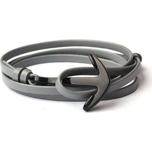 Zwarte anker armband met grijs leren koord