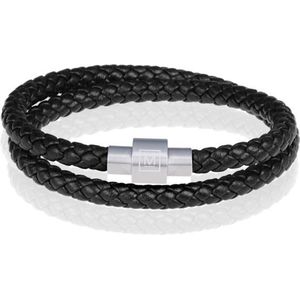 Memphis leren wrap armband Zwart Zilver-22cm