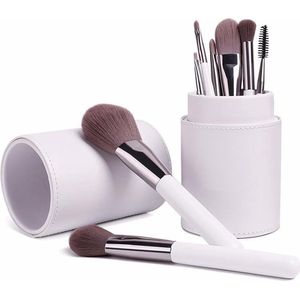 Professionele Make-up Kwastenset - 10 delig – in Lederen Koker – Deluxe Edition - Wit