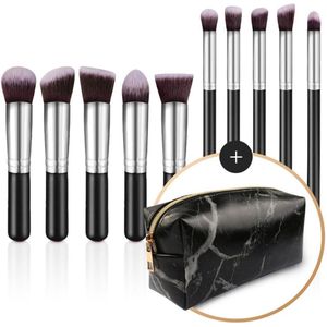 Evvie set van 10 make-up kwasten kabuki in etui marble - Zwart-Zilver