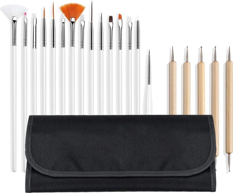 Nail Art Penselen - Nail Art Tools 20- delig met 15 nailart penselen en 5 dotting tools - Wit en Blank Hout, in zwarte etui