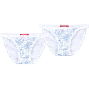 Exclusief Luxueus Kinder ondergoed, twee Luxe mooie zacht blauwe Girly Tanga's van Hanssop met fashionable elastische rand details en in een luxe exclusieve Hanssop Blue Toile design, Twee meisjes Tanga's, zacht blauwe toile print, maat 116