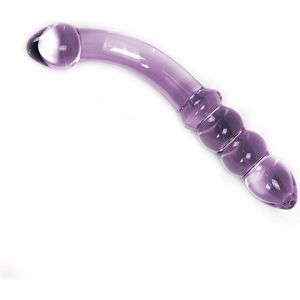 Gebogen glazen dildo met stimulerende ribbels - paars