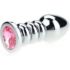Buttplug aluminium geribbeld met kristal - roze