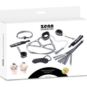 Zenn Toys - 9 delige luxe geweven bondage set - Zwart / Wit