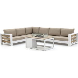 Bellagio Avolo/Cosiraw 120cm hoek loungeset met vuurtafel 3-delig links , Old Teak Greywash,Taupe - Naturel - Bruin,Wit - Ecru ,  Aluminium  , 340x265cm