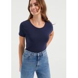 WE Fashion - Shirt - Donkerblauw - Slanke Pasvorm - Kwartmouw