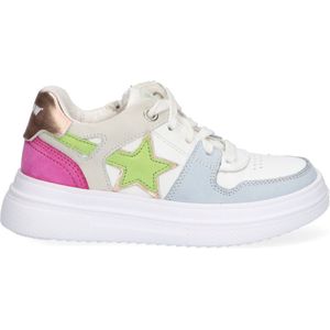 Braqeez 423111-122 Meisjes Lage Sneakers - Blauw Wit Multi Groen Roze - Nubuck - Veters