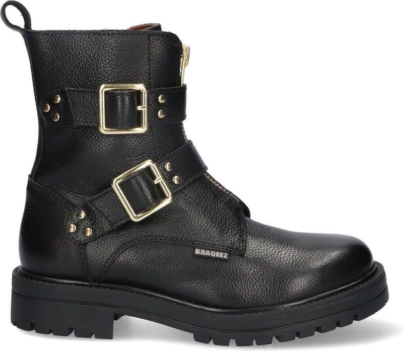 Braqeez 423559-589 Meisjes Biker Boots - Zwart - Leer - Gesp Met Rits