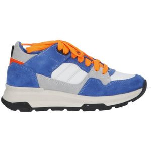 Braqeez 424263-423 Jongens Lage Sneakers - Blauw/Wit/Oranje/Grijs - Suède/Imitatieleer - Veters