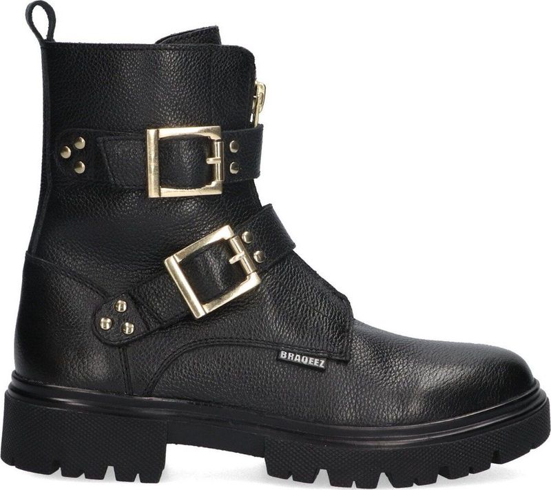 Braqeez 424783-589 Meisjes Biker Boots - Zwart - Leer - Gesp Met Rits