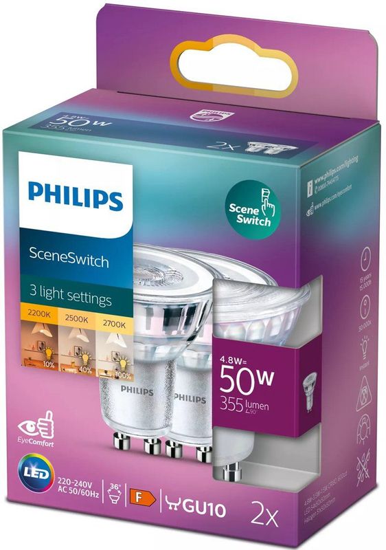 Philips LED lamp GU10 - 50W 355Lm -reflector sceneswitch 3standen - doos met 2 stuks
