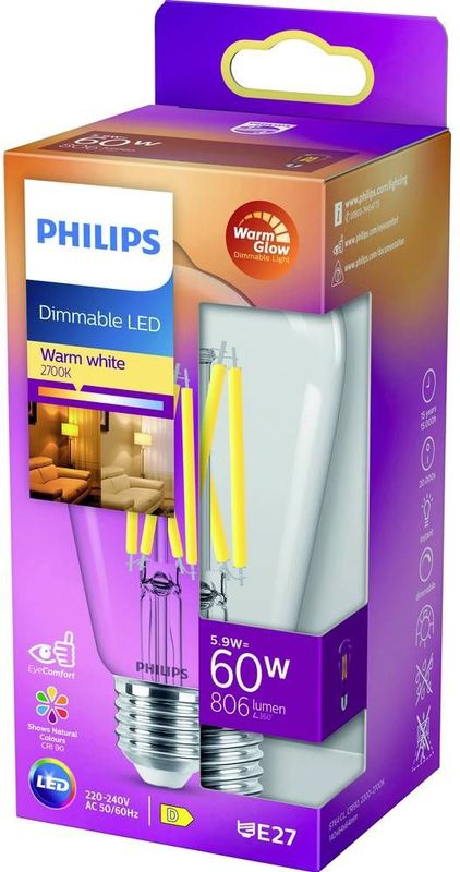 Philips - Led Classic 60W ST64 E27 - Dimbare Warmwitte LED - Helder Glas