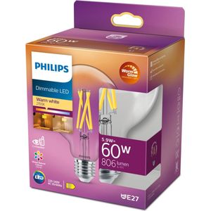 6x Philips LED lamp E27 | WarmGlow | Globe G95 | Filament | 2200-2700K | 5.9W (60W)