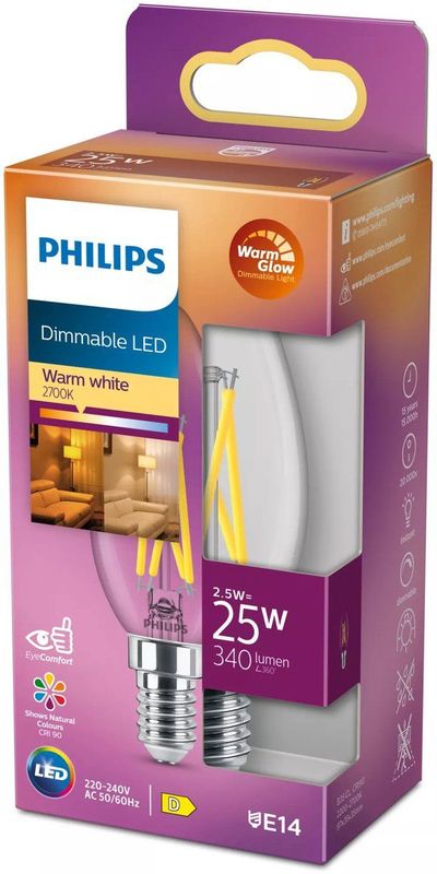 Philips - Led Classic 25W B35 E14 - Dimbare Warmwitte LED - Helder Glas