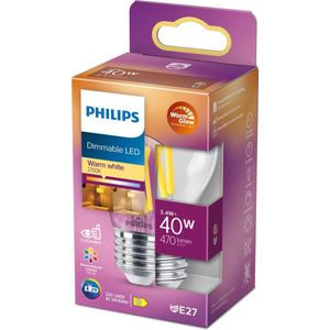 Philips LED-kogellamp - Warmwit licht - E27 - 40 W - Transparant - Dimbaar - Energiezuinig - Filament lamp