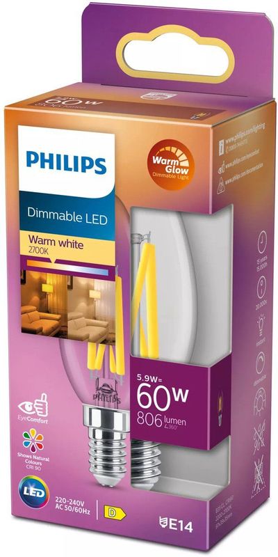 Philips LED-lamp - E14 Kaars - 5.9 W - Warmwit - (Ø x l) 35 mm x 97 mm - 1 stuk(s)