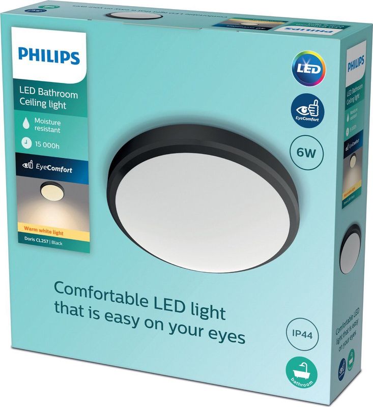 Philips Doris badkamer plafondlamp zwart klein 6 W
