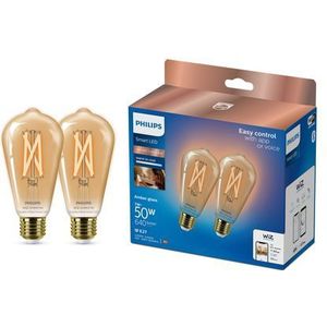 Philips Tunable wit Smart LED Filament Edison Lamp Amber 50W E27 2 Stuks Bruin