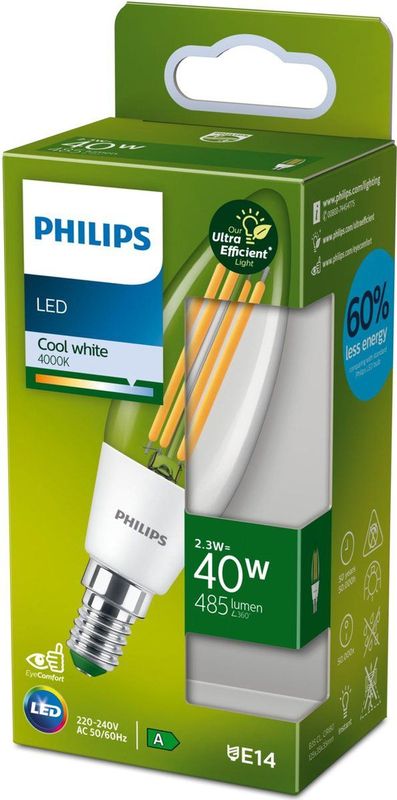 Philips - Led Filament Lamp - Helder Wit Licht - E14 - 2,3W - 485 Lumen