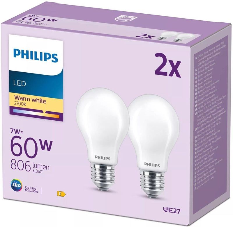 Philips - E27 LED Lamp - Warmwit Licht - Energiezuinig - 2 Stuks