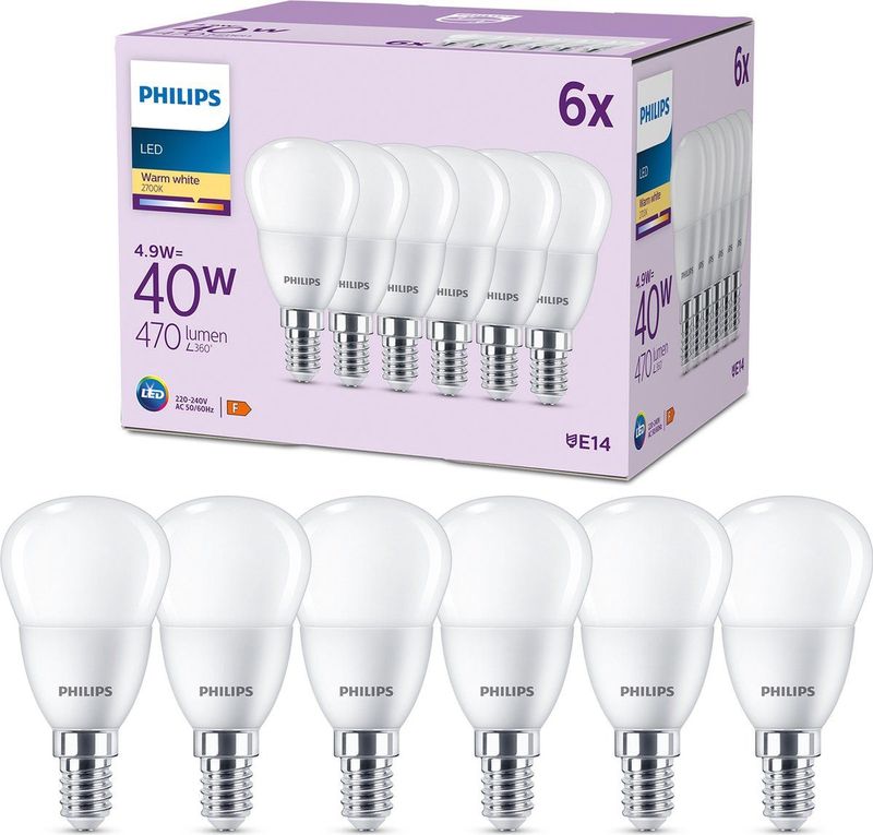 Philips - Kogelvormige Led Lampen - Warm Wit Licht - E14 - 6 Stuks