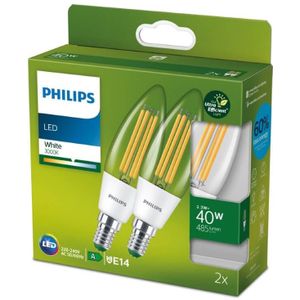 Philips Ultra Efficient LED kaarslamp Transparant - 40 W - E14 - Wit licht - 2-pack - Bespaar op energiekosten