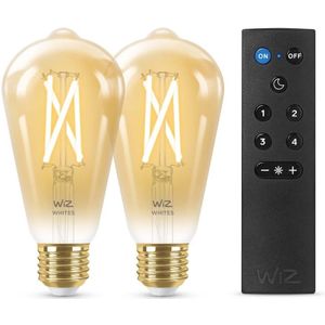 WiZ Set van 2 witte dimbare lampen [Edison E27 schroeffitting] Smart Connected WiFi Filament ST64 Amber + WizMote. App-besturing voor binnenverlichting, woonkamer en slaapkamer