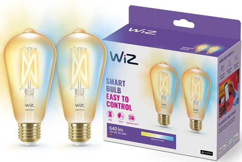 WiZ Edison Filament - 2 pack Slimme Led Verlichting - Warm- tot Koelwit Licht - E27 - 50W - Goud - WiFi