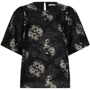 EsQualo - T-shirt - Zwart - Jacquard Puff Sleeve - Dames