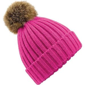 Gebreide winter muts fuchsia roze met bruine nep bont pompon voor dames/heren - Warme muts met bonten bolletje voor volwassenen