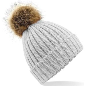 Gebreide winter muts lichtgrijs met nep bont pompon voor dames/h - Mutsen - volwassenen