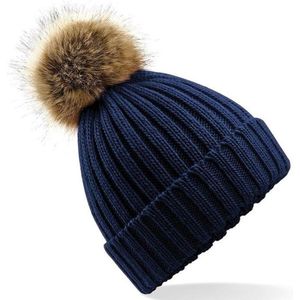 Gebreide winter muts navyblauw met bruine nep bont pompon voor dames/heren - Warme muts met bonten bolletje voor volwassenen