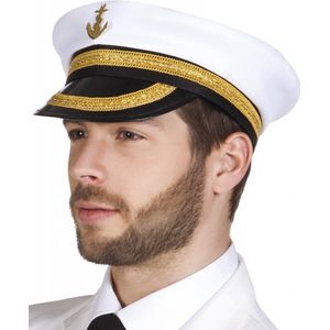Kapitein carnaval verkleed pet - wit/goud - voor volwassenen - Officier - Zeeman - Marine - Verkleedhoofddeksels