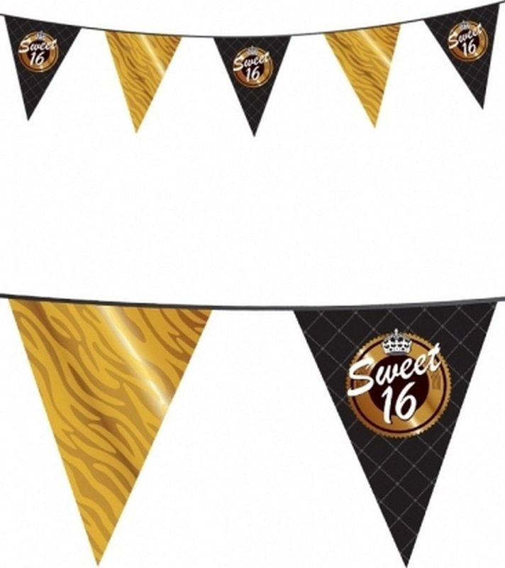 Sweet sixteen vlaggetjes - zwart/goud - 10 meter - kunststof - versiering/feestartikelen - 16e birthday