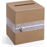 Bruiloft enveloppendoos van bruin kraft papier met witte kant en licht roze bloemen - 24 x 24 x 24 cm