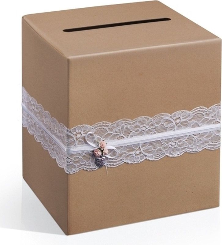 Bruiloft enveloppendoos van bruin kraft papier met witte kant en licht roze bloemen - 24 x 24 x 24 cm