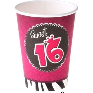 Verjaardag feest bekertjes - 8x stuks - 16 jaar - Sweet 16 - karton