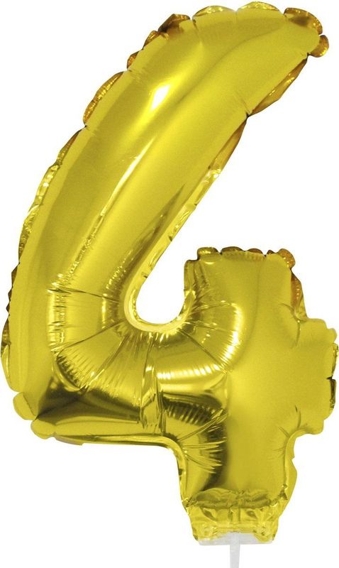 Gouden opblaas cijfer ballon 4 op stokje 41 cm